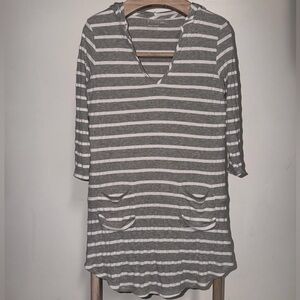 Beach Break Striped V-Neck Pocket Tunic swim cover up 3/4 sleeves size small-G